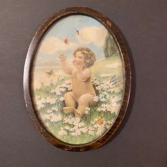 Antique Print 1920s Butterflies and Daisies Bessie Pease Gutman Metal Frame